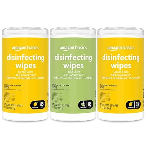 Amazon Basics Wipes, Lemon & Fresh Scent, Sanitizes, Cleans & Deodorizes, 255 Count (3 Packs of 85) - 3 Pack--2 Lemon, 1 Fresh - 85 Count (Pack of 3)