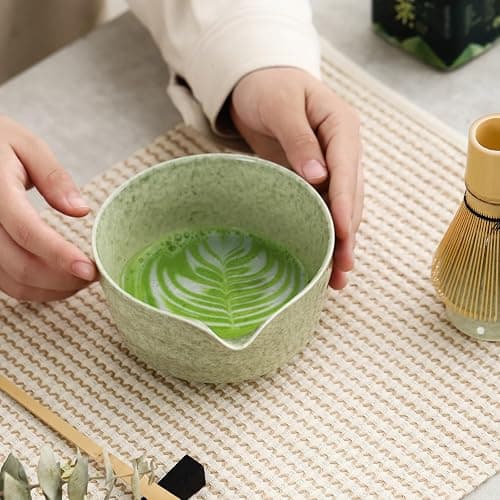 Ochcahser Matcha Set, Japanese Tea Set Includes Matcha Bowl with Spout, Matcha Whisk Holder, Bamboo Matcha Whisk and Bamboo Scoop, 17 oz Mottled Green Glaze Ceramic Matcha Kit for Tea Lovers thumbnail 2