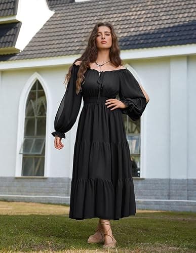 Scarlet Darkness Women Renaissance Off Shoulder Long Sleeve Smocked Waist Tiered Long Maxi Dress thumbnail 3
