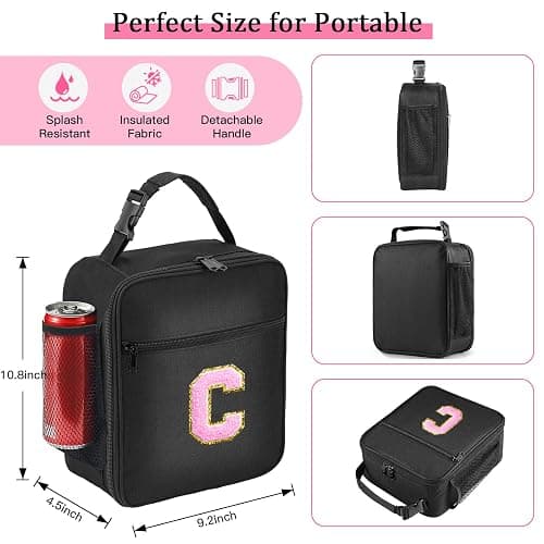 Initial Insulated Lunch Bag, Lunch Box with Initial Letter Patch for Teen Adult, Reusable Lunch Bag for Men Women, Ideal Back to School Gift Birthday Gift, Pink C thumbnail 2