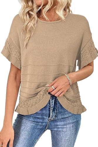 Dokotoo Women’s Short Sleeve Sweaters Tops Oversized Summer Casual Ruffled Hem Knit Pullover Cute Solid Color Crochet Blouses - Image 1