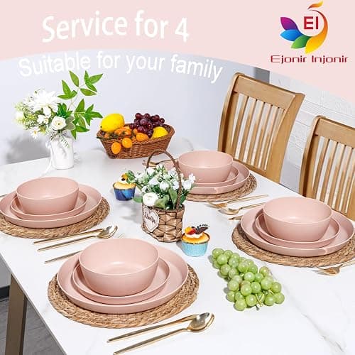EI 12pcs Pink Wheat Straw Plates,Wheat Straw Dinnerware Set for 4,Plates and Bowls Sets,Plastic Plate Reusable,Unbreakable Plastic Plate Melamine,Camping Family Dishes Set thumbnail 6