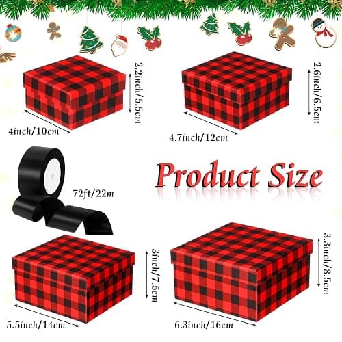 Clabby 4 pcs Christmas Nesting Boxes with Lids Square Xmas Stackable Gift Box, Assorted Sizes Decorative Nesting Boxes with Ribbon for Holiday Wedding Birthdays Present(Red and Black,Checkered) thumbnail 2