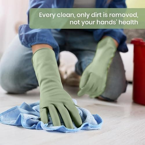 Rubber Cleaning Gloves for Dishwashing, 4 Pairs Reusable Kitchen Gloves for Washing Dishes and Household Cleaning, Green Dish Gloves with Flocked Lining and Non-Slip Grip, Pefect for Woman Men - M thumbnail 5