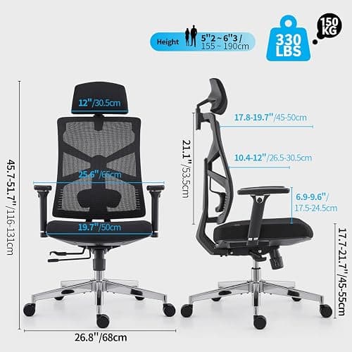 HOLLUDLE Silla de Oficina Ergonómica con Respaldo Adaptativo, Silla de Escritorio de Alto Respaldo con Reposabrazos 4D, Profundidad de Asiento Ajustable, Soporte Lumbar y Reposacabezas 2D, Negro thumbnail 3