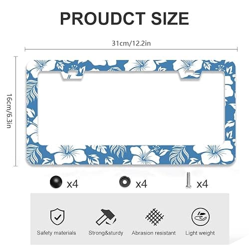 2 Pcs Blue Hawaiian Hibiscus Flowers License Plate Frames - 2 Holes Stainless Steel Metal Auto Car Accessories Decoration License Plate Frame Cover Size 6.3" x 12.2" Fit US Vehicles for Women Men Gift thumbnail 4