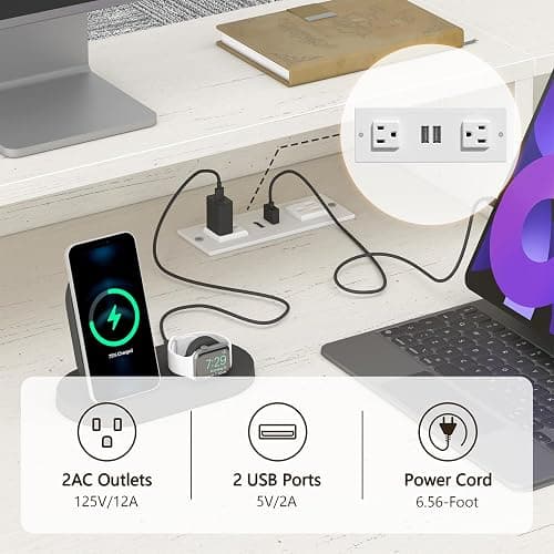 TVU 65" White Computer Desk with Drawers and Printer Stand for Home Office | Office Desk with Power Outlets and Storage Cabinet, Study Writing Desks with Long Monitor Stand thumbnail 4