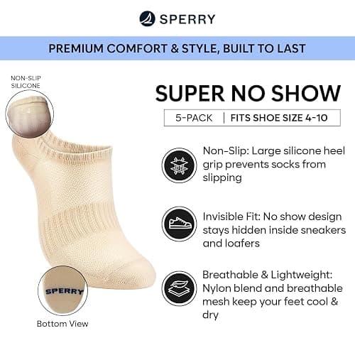 Sperry Women’s 5-Pack Super No Show Socks – Breathable Mesh, Lightweight, Non-Slip Invisible Low Cut Liner Socks for Sneakers thumbnail 2