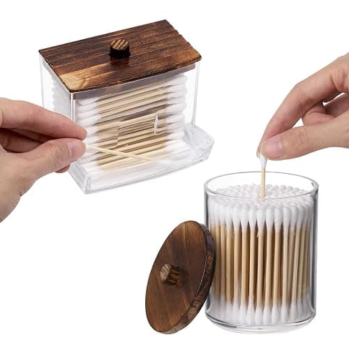 Tbestmax Qtips Holder Bathroom Container, 10 OZ Cotton Ball/Swabs Dispenser, Apothecary Jar Organizer for Storage Brown Wood Lids thumbnail 4