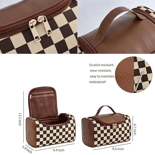 FEEZUSH Makeup Bag, Travel Portable Checkered Pattern Cosmetics Skincare Storage Bag (Brown) thumbnail 3