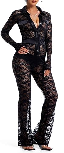 Clubwear Sexy Jumpsuit for Women Bodycon Long Sleeve See Through Long Skinny Pants for Evening Party thumbnail 3