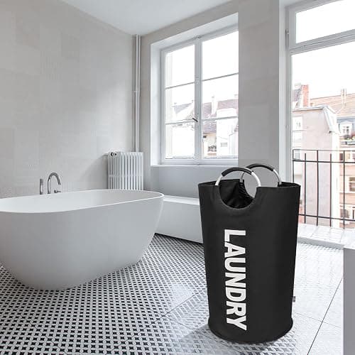DOKEHOM 90L Large Laundry Basket Bag, Collapsible Tall Hamper, Black | Freestanding tall washing bin & foldable laundry bag. High-capacity clothes storage basket with durable sturdy handles thumbnail 8