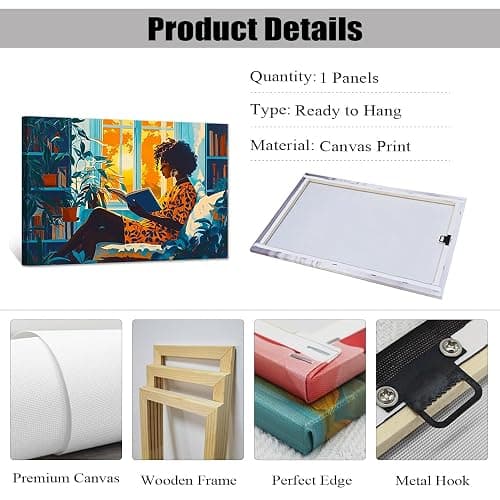 CCWACPP Black Woman Wall Art African American Wall Decor Black Girl Reading Canvas Abstract Modern Prints Study Library Bedroom Decor Framed (30.00 x 45.00 cms) thumbnail 6