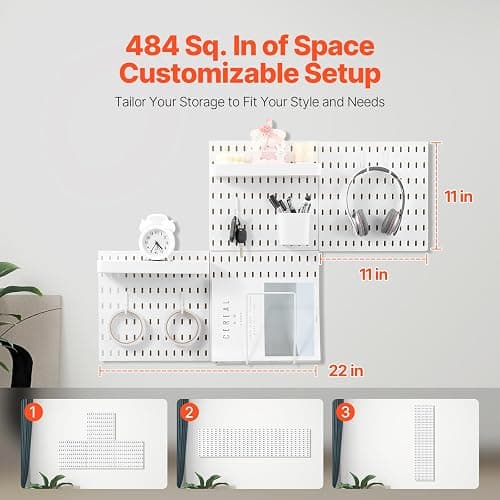 VEVOR Pegboard Combination Kit, 11" x 11" Plastic Pegboard, 4 Panels, Peg Board Wall Organizer Kit with Accessories, for Garage Tool Storage Kitchen Living Room Craft Room Office Bathroom Home, White thumbnail 3