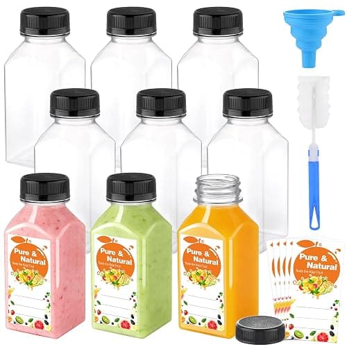 Exsmile 36 Pack 8oz Plastic Juice Bottles with Caps, Empty Reusable Bottles for Juicing Bevergae, Plus Labels & Funnel & Brush, Clear Juice Containers with Lids for Smoothies Ginger - Image 1