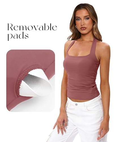 Darong Women's Halter Tank Tops with Built in Bra Double Lined Backless Y2K Shirts 2026 Trendy Going Out Cami thumbnail 3