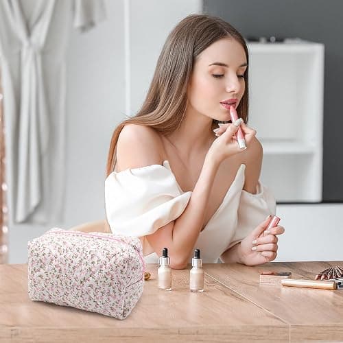 dark swan Cotton Quilted Makeup Bag, Cute Pouch Toiletry Bag Cosmetic Bag Quilted Floral Organizer Bag Travel Coquette Aesthetic Portable Storage Zipper Purse for Women (Pink) thumbnail 2