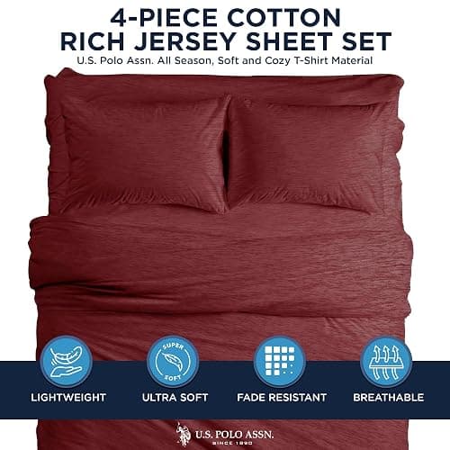 U.S. Polo Assn. Soft Jersey Knit Bed Sheet Set, Cotton-Rich, All-Season Comfort, Hotel Quality thumbnail 3
