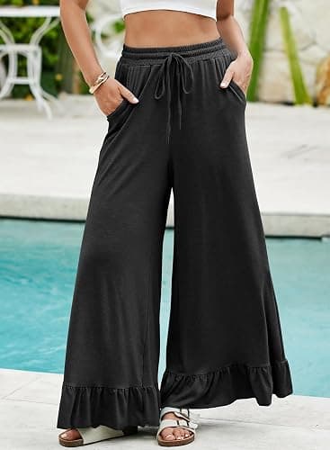 EVALESS Womens Wide Leg Pants Drawstring Elastic High Waisted Ruffle Hem Palazzo Pants with Pockets thumbnail 3