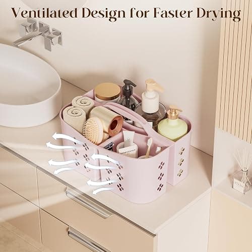 Portable Shower Caddy with Handle, Large Capacity Shower Basket Organizer, Quick-Drain Bathroom Storage Tote, Durable Plastic Shower Organizer for College Dorm, Beach, Gym, Travel Essentials, Pink thumbnail 5
