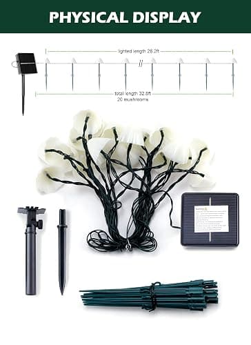Solar Mushroom Garden Lights for Outside, 20 LED 32.8FT Solar Pathway Lights Outdoor Waterproof for Fence with 8 Lighting Modes for Patio Yard Decorative - Mushroom thumbnail 6