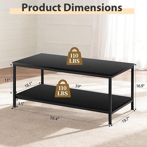 SUPER DEAL 2-Tier Coffee Table with Storage Shelf for Small Apartment Living Room, Rectangle Wood and Stable Metal TV Stand Side End Table, Black thumbnail 3