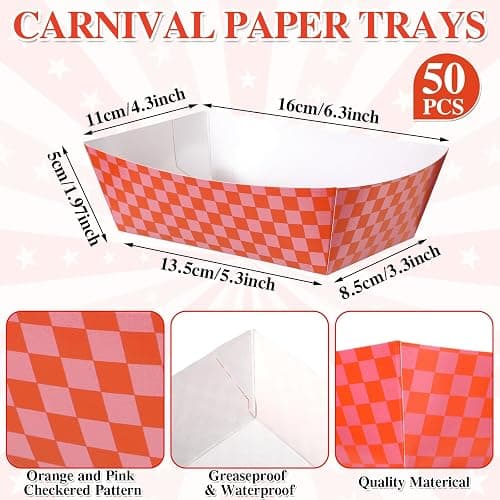 Geosar 100 Pcs Gingham Party Supply Disposable Paper Food Tray Bulk Disposable Food Boat with Checkered Wax Paper Sheet Checkered Wrapping Supply for Carnival Picnic Birthday Party (Orange Pink) thumbnail 2