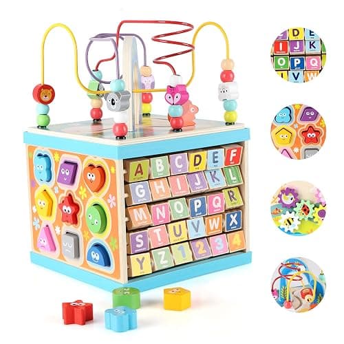 Qilay Wooden Activity Cube for Toddlers 1-3 (Large), 5 in 1 Multipurpose ABC-123 Abacus Bead Maze Shape Sorter | Early Educational Toy for Toddlers - First Birthday Present for Boys Girls - Image 1
