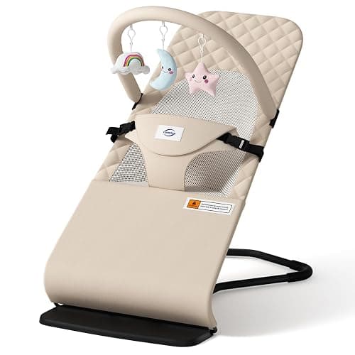 Feeplas Baby Bouncer, Bouncer Seat for Babies 0-12 Months, Ergonomic Rocking Chair with Detachable Hanging Bar, 3-Height Adjustments, Foldable & Portable Infant Rocker, Machine Washable Fabric, Beige - Image 1