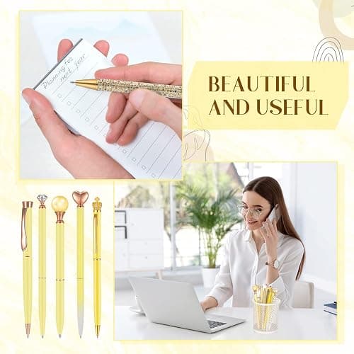 Janmini 9 Pcs Ballpoint Pens Set Metal Crystal Diamond Glitter Pens for Journaling Black Ink Pretty Cute Things Fancy Stationery Gifts for Women Girls Birthday Home Office Desk(Yellow) thumbnail 5