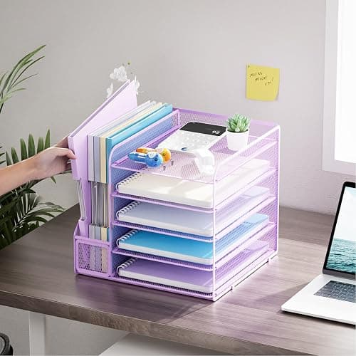 Marbrasse Desk Organizers and Accessories, 5-Tier Paper Letter Tray Organizer with File Holder, Mesh File Organizer, Office Desk Accessories & Organization for Supplies (Purple) thumbnail 2