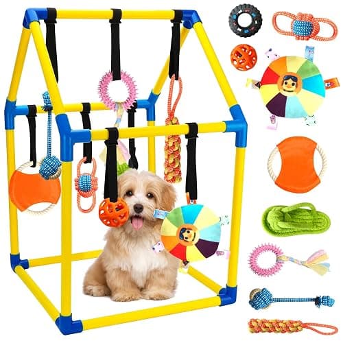 Puppy Play Gym with 9 Hanging Toys, Interactive Dog Enrichment Playground, Removable Indoor Training Activity Center for Puppies & Small Dogs, Adjustable PVC Frame, Teething & Squeaky Toys Included - Image 1