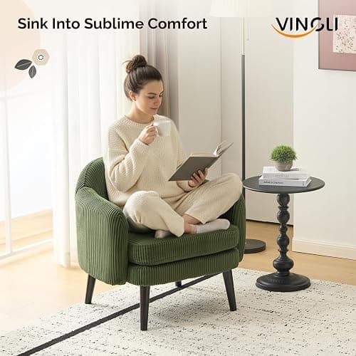 VINGLI 30.3" Wide Modern Barrel Accent Armchairs Set of 2 with Track Armrest, Solid Wooden Legs, Comfy Upholstered Club Chairs, Single Home Sofa for Living Room, Bedroom, Reading Room, Corduroy Green thumbnail 8