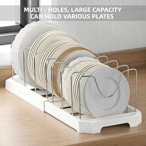 Silanit Expandable Pot and Pan Organizer Rack for Kitchen Cabinet or Under Sink, Adjustable Lid Holder with 7 Dividers, Space-Saving Storage for Renters, Small Homes, and Busy Cooks, White thumbnail 6