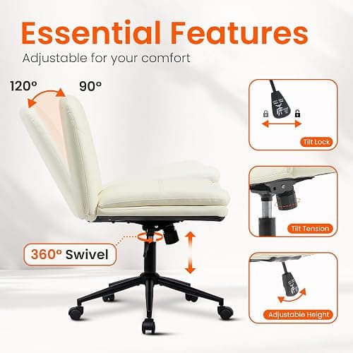Orange Factory Criss Cross Chair with Wheels Comfy Wide Vanity Desk Chair Dual Base Leather Armless Adjustable Swivel for Home Computer Task (Beige) thumbnail 6