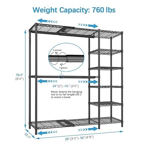 VIPEK X2 Expandable Reach-in Closet Racks Adjustable from 3'3" to 4'8" Portable Open Walk-in Closet Rack System with Flexible Shelves and Hanger Rods Clothing Rack for Hanging Clothes, Black thumbnail 3