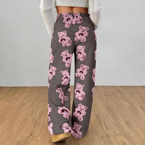 Womens Fuzzy Plush Pajama Pants Cute Bear Graphic Teddy Pj Bottoms Warm Fluffy Fleece Lounge Sleepwear with Pockets thumbnail 4
