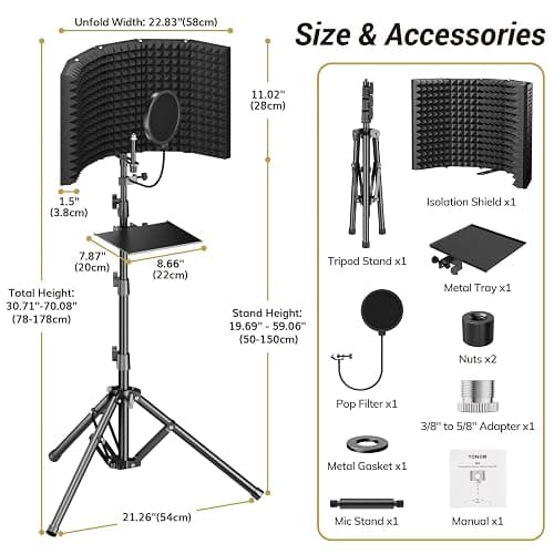 TONOR Isolation Shield Pack for Mic, High Density Absorbent Foam Shield with Pop Filter & Tripod Stand, Foldable Design, Suitable for Blue Yeti, AT2020, Recording, Podcasts, Singing, Broadcasting thumbnail 4