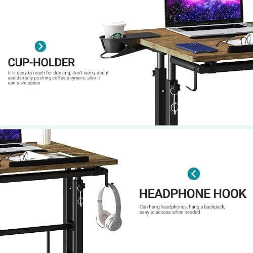 Klvied Rolling Mobile Desk with Cup Holder, Portable, Adjustable Height Small Stand up Desk on Wheels for Home Office Laptop Cart, Computer, Standing or Sitting,Oak thumbnail 7