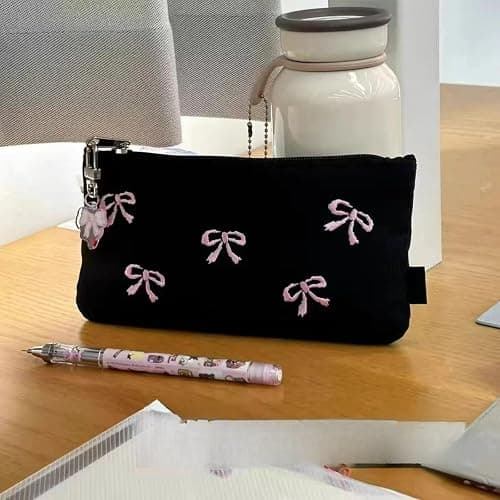 BlingKicks Black Bow Embroidery Pencil Case Pouch Organizer with Pins and Accessoriesm-Minimalist Large Capacity for Adults (Black+1 bow pendant) thumbnail 2