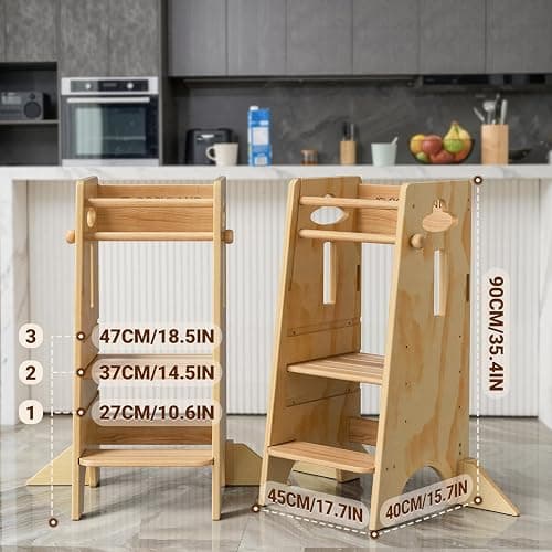 COSYLAND Height Adjustable Toddler Standing Tower(NO Wide Back Panel) - Super Stable Kids Kitchen Stool Helper with 4 Support Blocks - 3 Levels Adjustable Wooden Kitchen Stool (All Natural) thumbnail 2