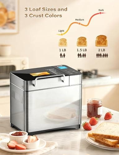 KBS Pro 710W 2LB Bread Maker, Stainless Steel 17-in-1 Smart Bread Machine with Healthy Ceramic Pan, Automatic Nut Dispenser, Tempered Glass Touch Panel, 3 Crust Colors, 15H Timer& Keep-Warm, Recipes thumbnail 9