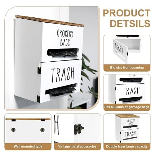 Liuceny 2 in 1 Trash Bag Dispenser, Double Wall Mounted,Wood Trash Bag Holder, used in kitchen, garage, laundry room, can store Environmentally friendly food bags and garbage bags (White) thumbnail 4