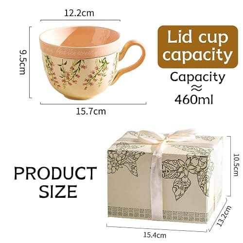 goldmiky Kaffeetasse mit Deckel, 460 ml,Elegante Geschenkbox, Landhausstil | Tasse mit Glockenblumen-Blumenmuster, Großes Fassungsvermögen, Rutschfester Boden, Ideal für Cappuccino, Latte und Tee thumbnail 3