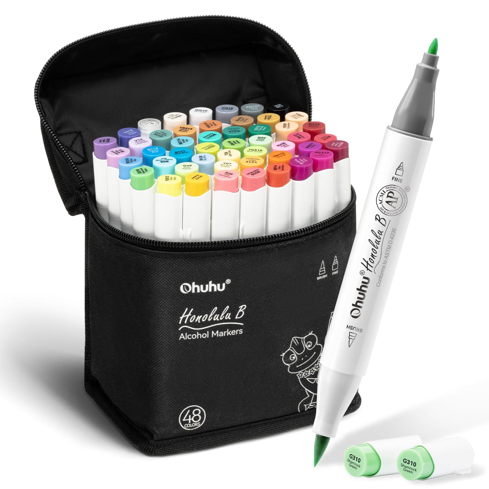 Ohuhu Marcadores de alcohol con doble puntas pincel y punta fina 48-Color | Juego de marcadores artísticos para artistas adultos, principiantes en coloreado, dibujo, ilustración y bocetos - Honolulu B - Image 1