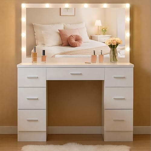 CLP Coiffeuse avec éclairage et Miroir 110x55 cm Ginny, Miroir Hollywood à LED dimmable avec 3 Couleurs de lumière, avec tiroirs, Couleur:Blanc - Image 1