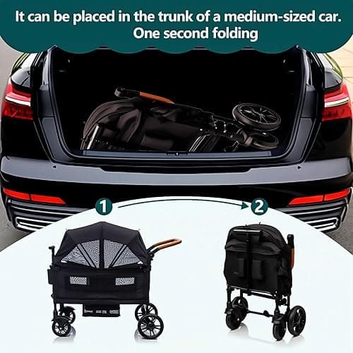 Luxury Wagon Stroller for 2 Kids & Cargo-Lightweight Foldable Travel Push Pull All-Terrain Double Wagon for Newborn&Toddler with 5-Point Harness,Adjustable Handle, Canopy,Tray Table,Cup Holder thumbnail 7