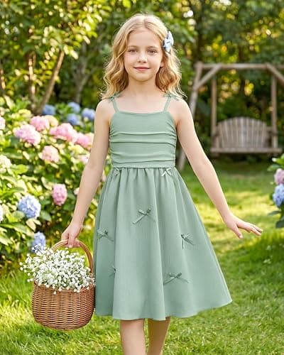 JiAmy Girls Spaghetti Strap Dress Kids Summer Bowknot Smocked Tiered Swing Dresses Casual Elegant Sundress for Girl 5-13 Years thumbnail 2