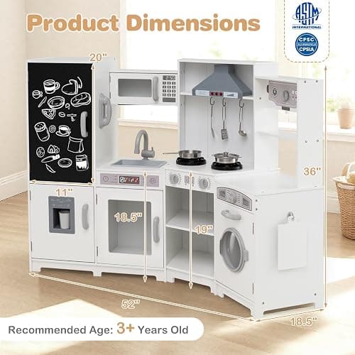 HONEY JOY Corner Play Kitchen, Large Wooden Pretend Toy Kitchen Set w/Lights, Ice & Coffee Maker, Range Hood, Chalkboard, Microwave, Cookware, Little Chef Kids Kitchen Playset for Toddlers (White) thumbnail 3