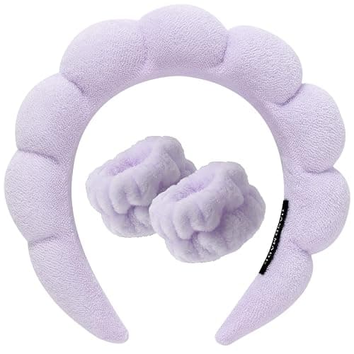 DRESHOW Spa Headband for Washing Face Wristband Set Sponge Soft Terry Cloth Makeup Skincare Non Slip Headband for Women - 1 Set: Light Purple - Image 1